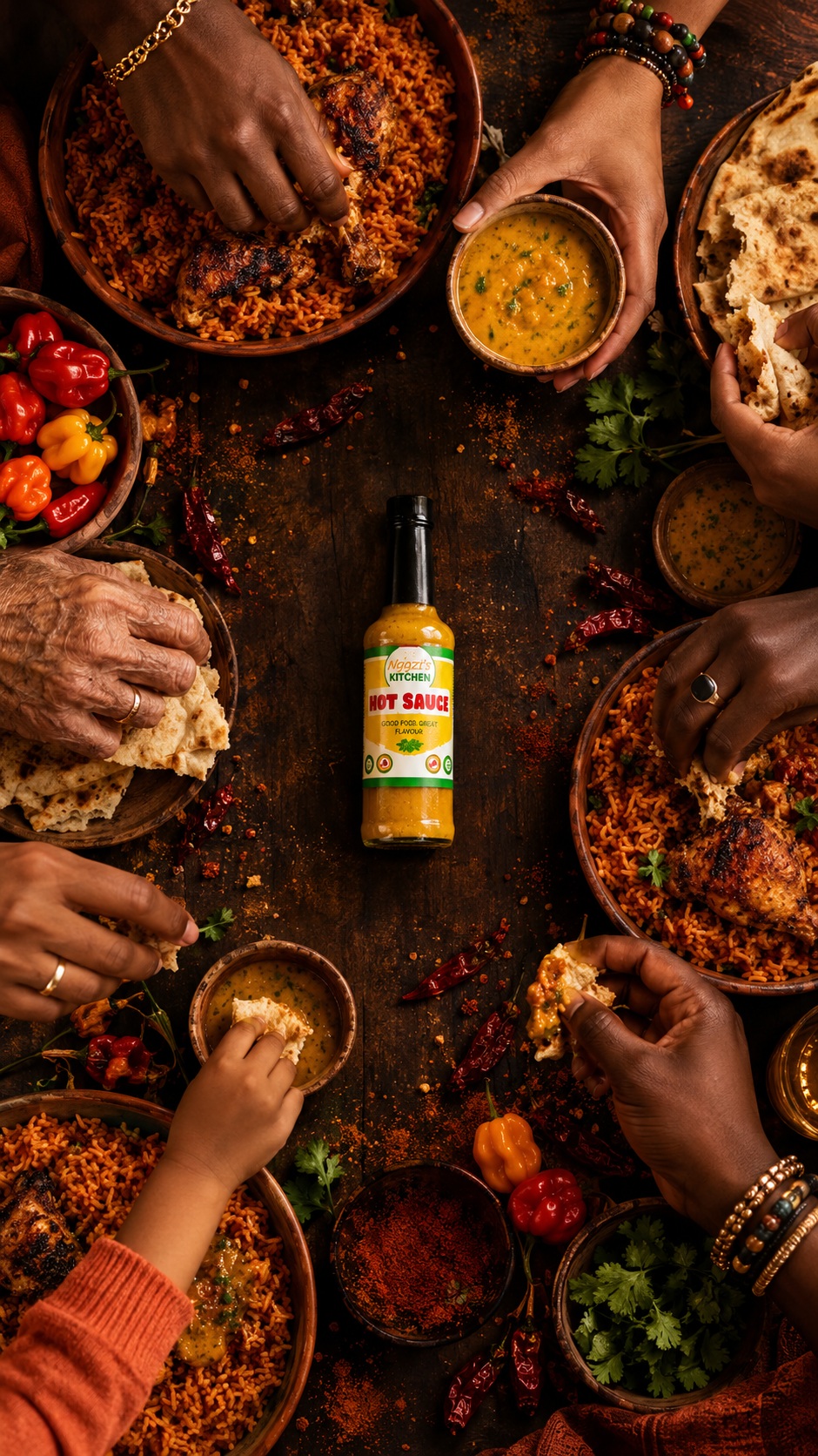 Many hands reaching for a bottle of Ngozi's Kitchen Hot Sauce on a shared table