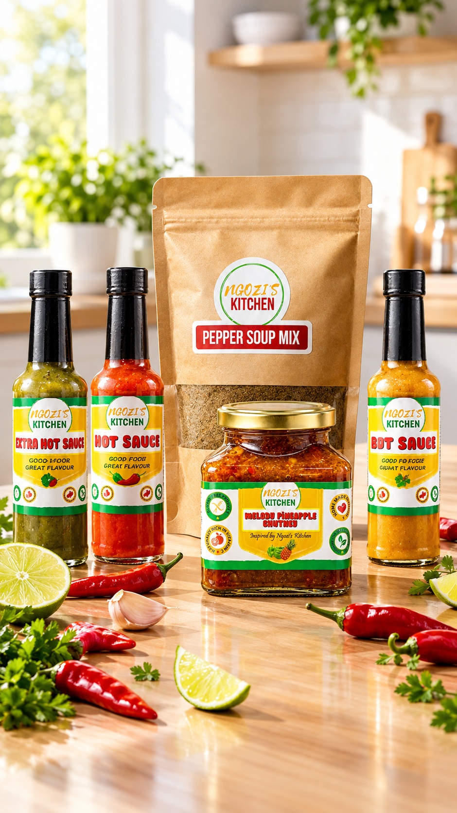 Ngozi's Kitchen hot sauces, pineapple chutney and Pepper Soup Mix