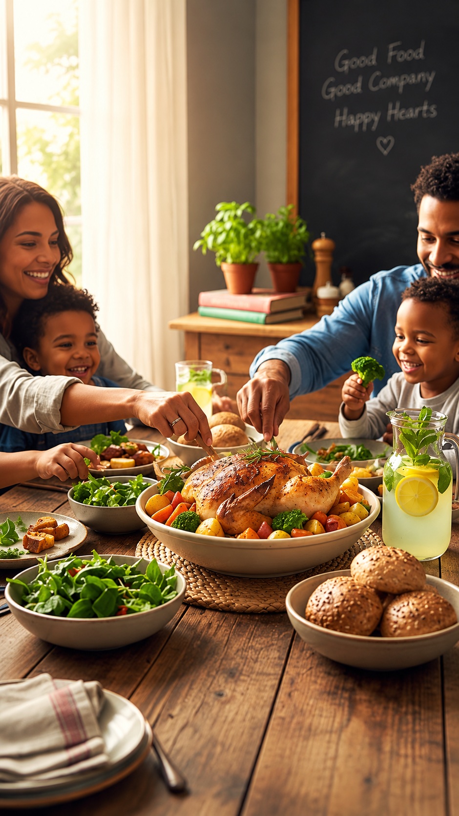 A smiling family sharing a home-cooked meal around the table